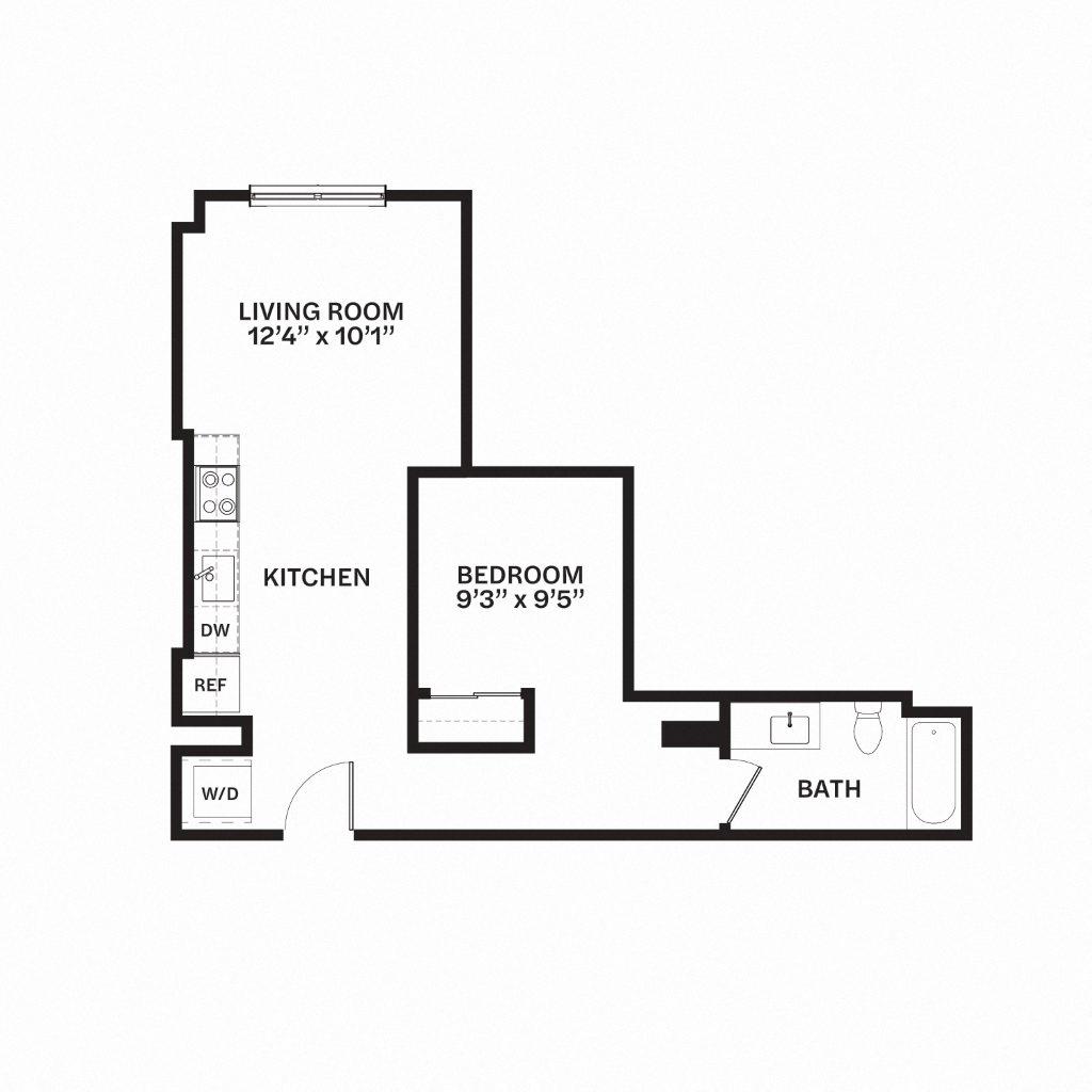 Floor plan for 1 bed, 1 bath, 605 sqft